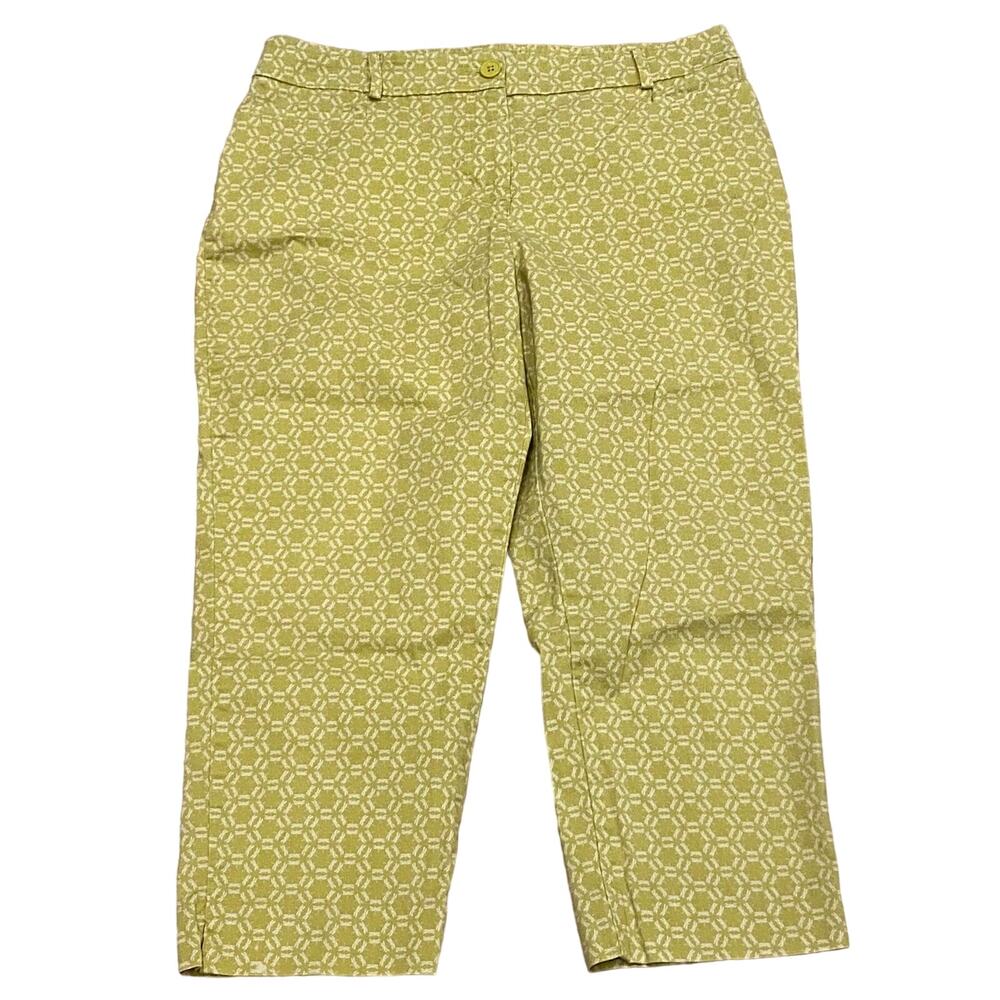 Talbots Size 12P Flat Front Pants Green White Dragonfly Print Trousers Ankle